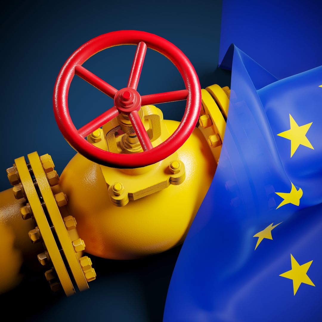 A 3D rendering of the European Union's flag and a gas valve on the Nord Stream natural gas pipeline. A 3D rendering of the European Union's flag and a gas valve on the Nord Stream natural gas pipeline.
