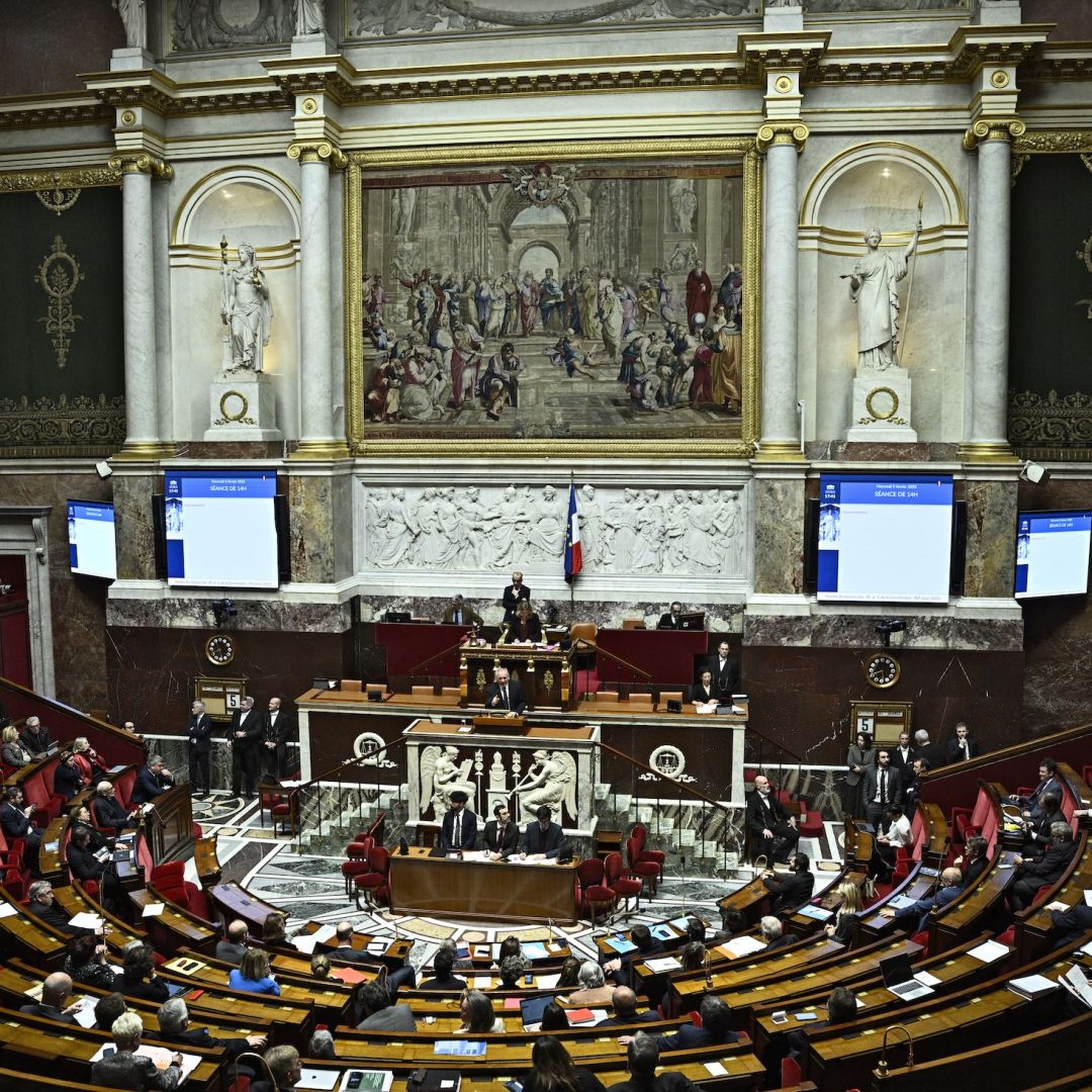 French Prime Minister Francois Bayrou (center) addresses the National Assembly in Paris, France, on Feb. 5, 2025, ahead of a vote on a no-confidence motion against him. 