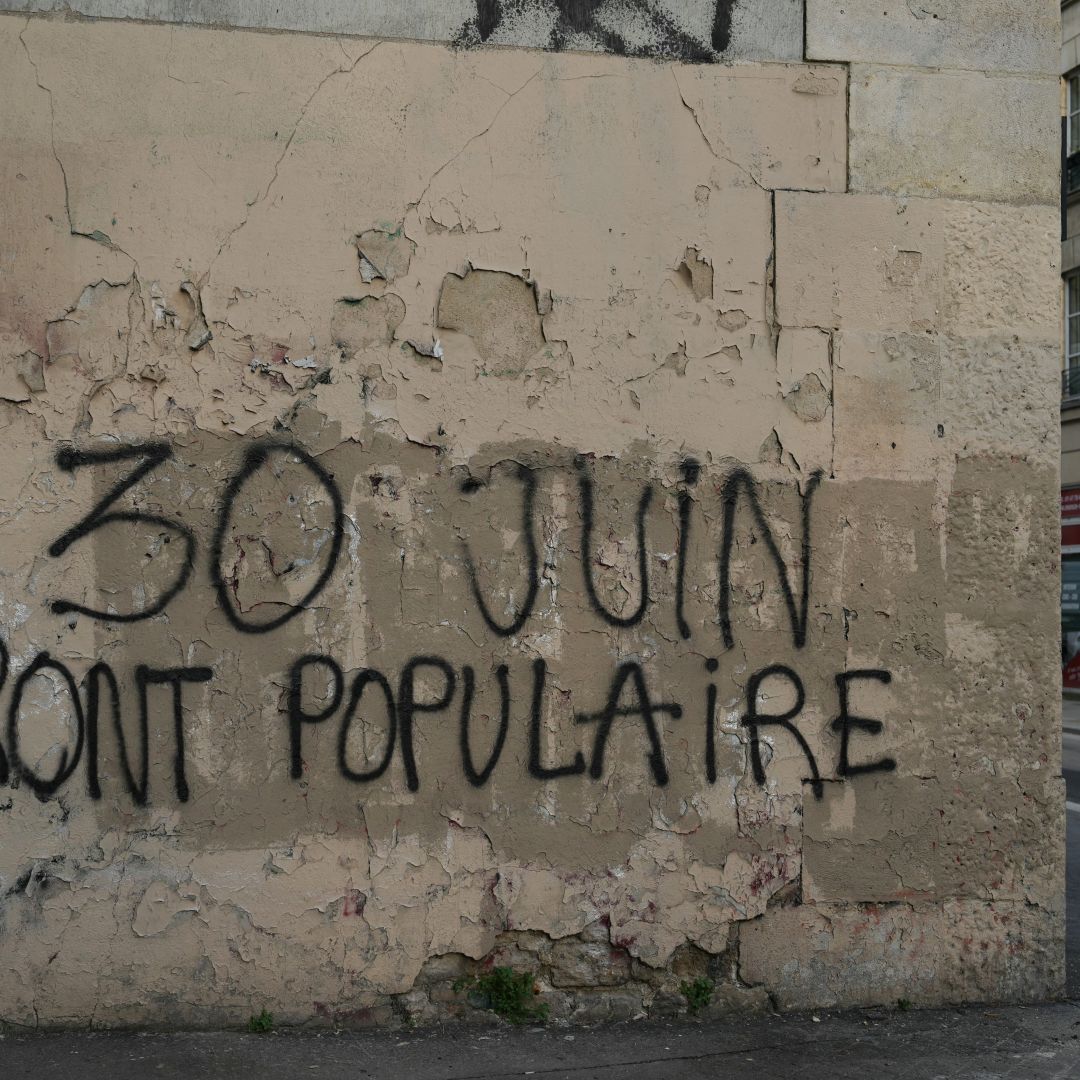 Graffiti reading 'June 30 Popular Front' after the results of the first round of parliamentary elections were announced June 30 in Paris.