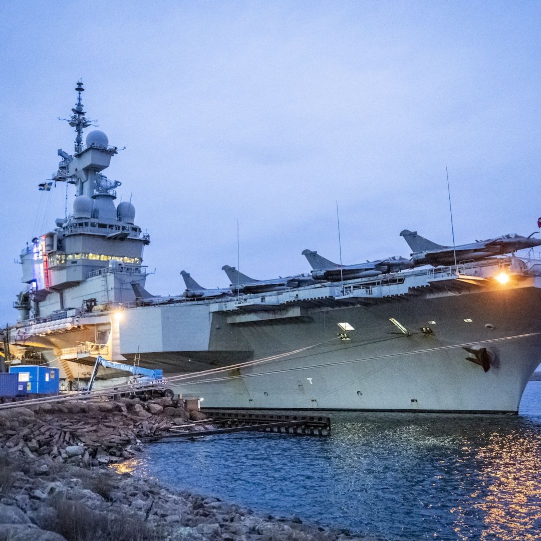 The French aircraft carrier Charles de Gaulle (R91) on Feb. 25 at the quay of the North Port in Malmo, Sweden.