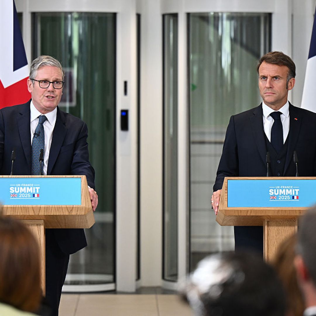 U.K. Prime Minister Keir Starmer (L) and French President Emmanuel Macron hold a press conference on July 10, 2025, in London. U.K. Prime Minister Keir Starmer (L) and French President Emmanuel Macron hold a press conference on July 10, 2025, in London.