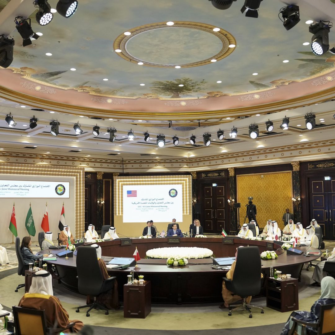 U.S. Secretary of State Marco Rubio (C, top) meets with GCC foreign ministers during his visit to the Middle East to discuss with Arab Gulf allies the interim deal between the U.S. and Iran on June 25 in Manama. While Qatar and Saudi Arabia explore restoring trade ties with Iran, the United Arab Emirates is aligning its security with Israel and the United States.