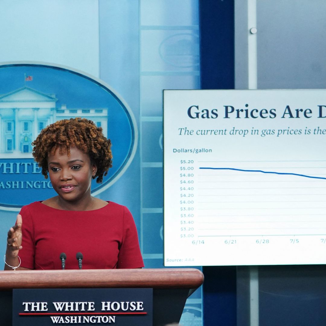 White House Press Secretary Karine Jean-Pierre discusses the recent drop in U.S. gas prices during her daily press briefing in Washington D.C. on Aug. 3, 2022. 