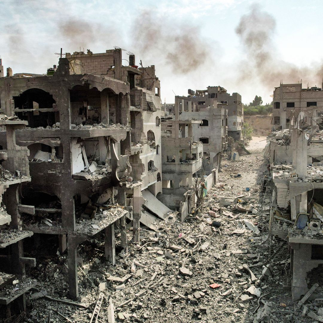 A photo taken on Oct. 11, 2023, shows an aerial view of buildings destroyed by Israeli air strikes in Gaza City. A photo taken on Oct. 11, 2023, shows an aerial view of buildings destroyed by Israeli air strikes in Gaza City.