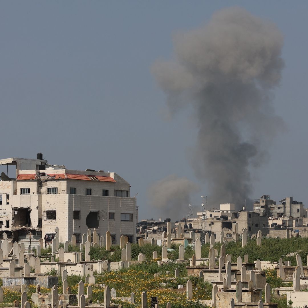 Smoke billows during Israeli strikes west of Gaza City on March 18, 2025. 