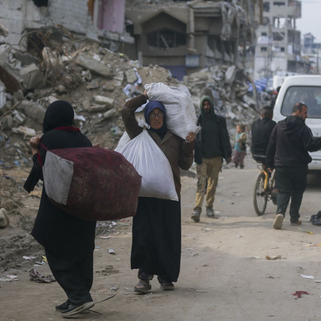 Displaced Palestinians return to their homes in the Shijaiyah neighborhood, Gaza City, on Jan. 28, 2025, following the Hamas-Israel ceasefire.