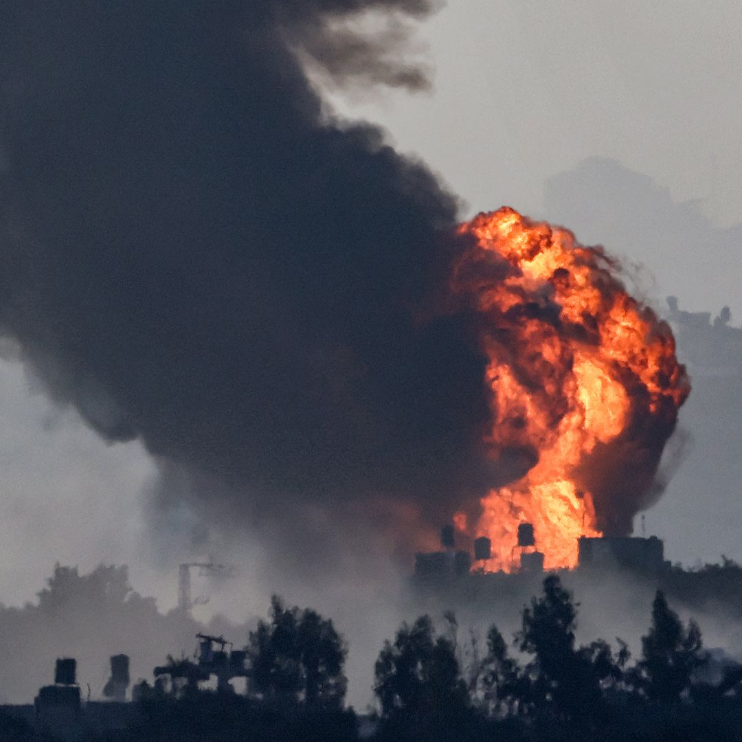 A fireball erupts over the Gaza Strip during Israeli bombardment on Nov. 8, 2023. A fireball erupts over the Gaza Strip during Israeli bombardment on Nov. 8, 2023.