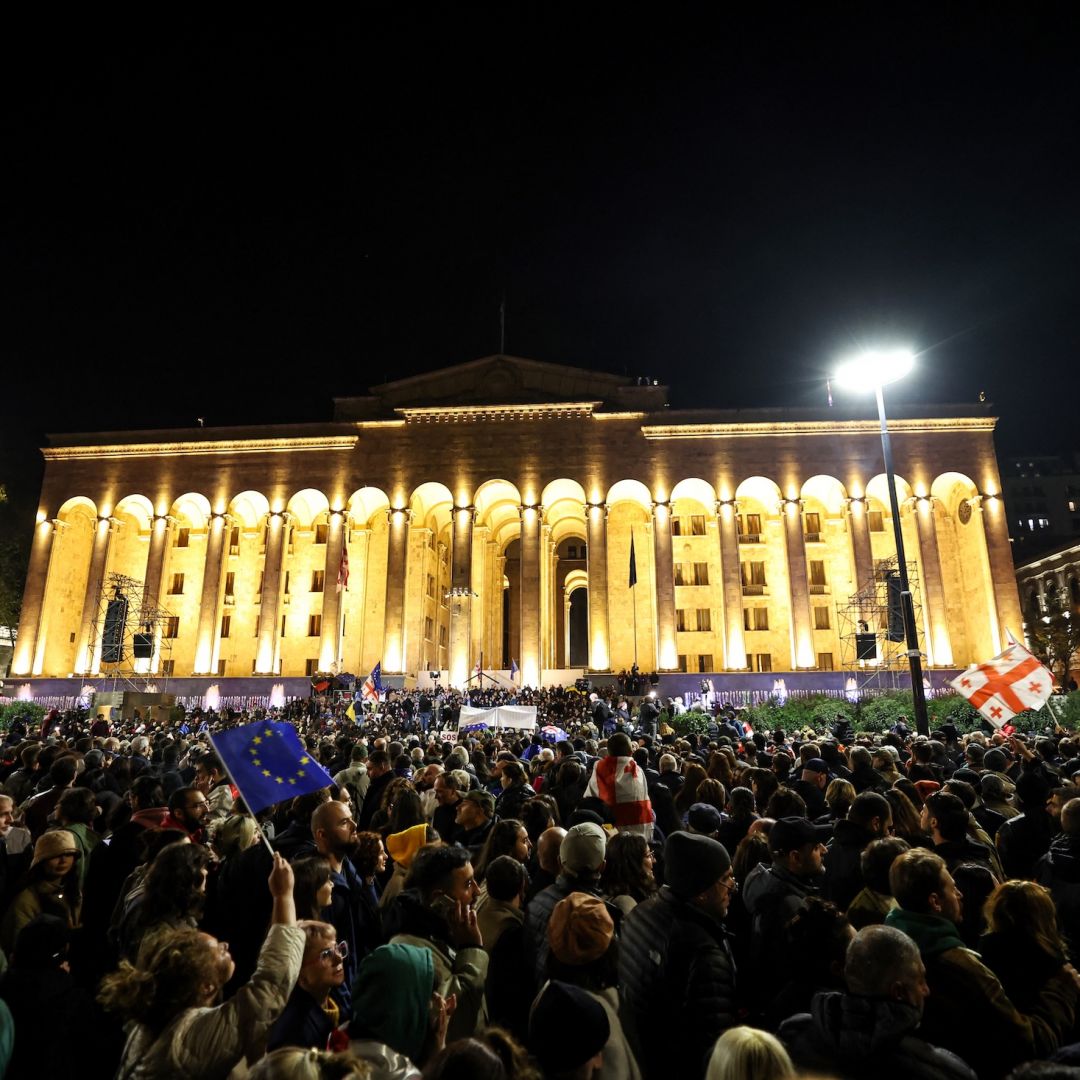 Opposition supporters rally to protest results from the parliamentary elections Oct. 28 outside Parliament in Tbilisi, Georgia.