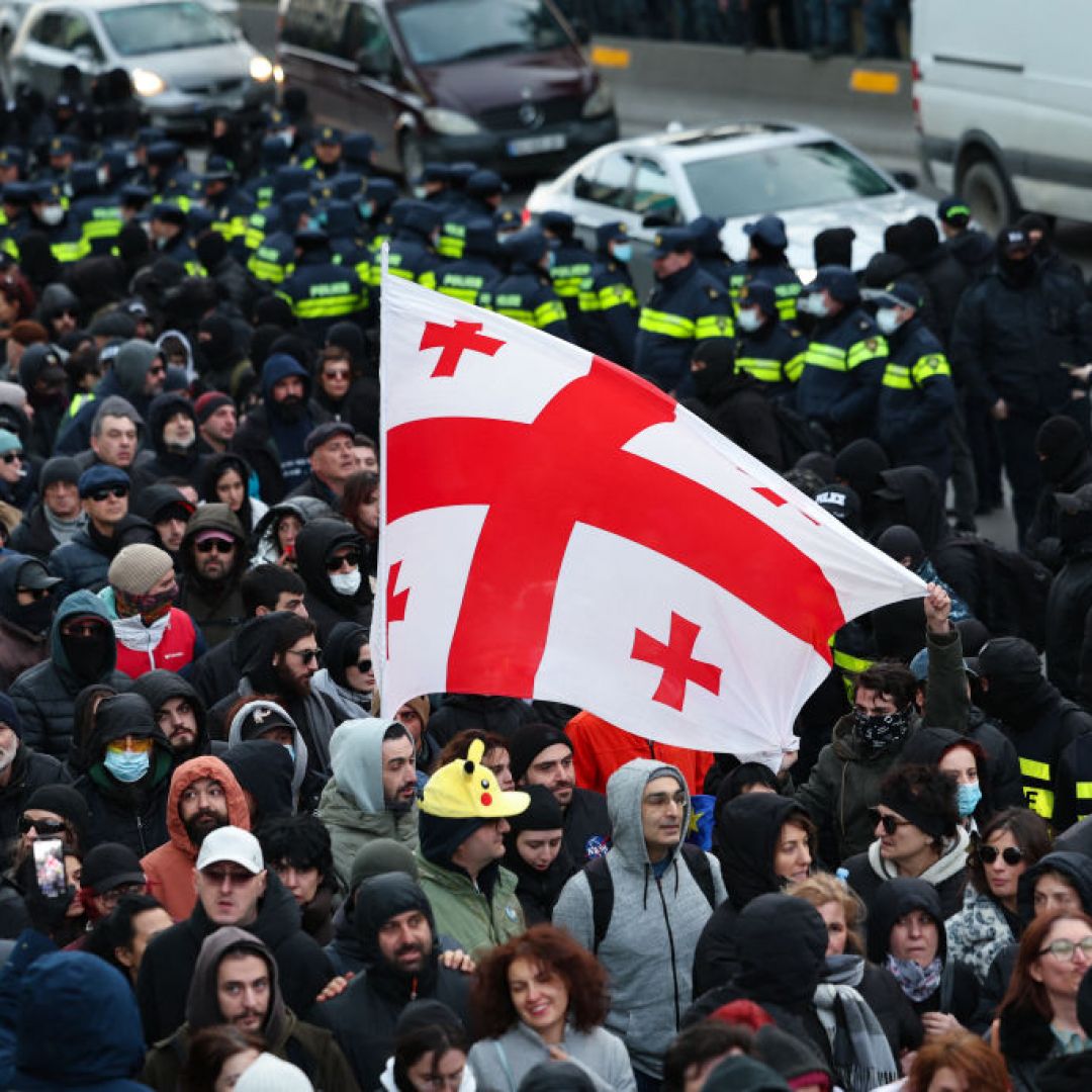 Georgian anti-government demonstrators attempt to block a highway entrance to the capital Tbilisi on Feb. 2, 2025 Georgian anti-government demonstrators attempt to block a highway entrance to the capital Tbilisi on Feb. 2, 2025