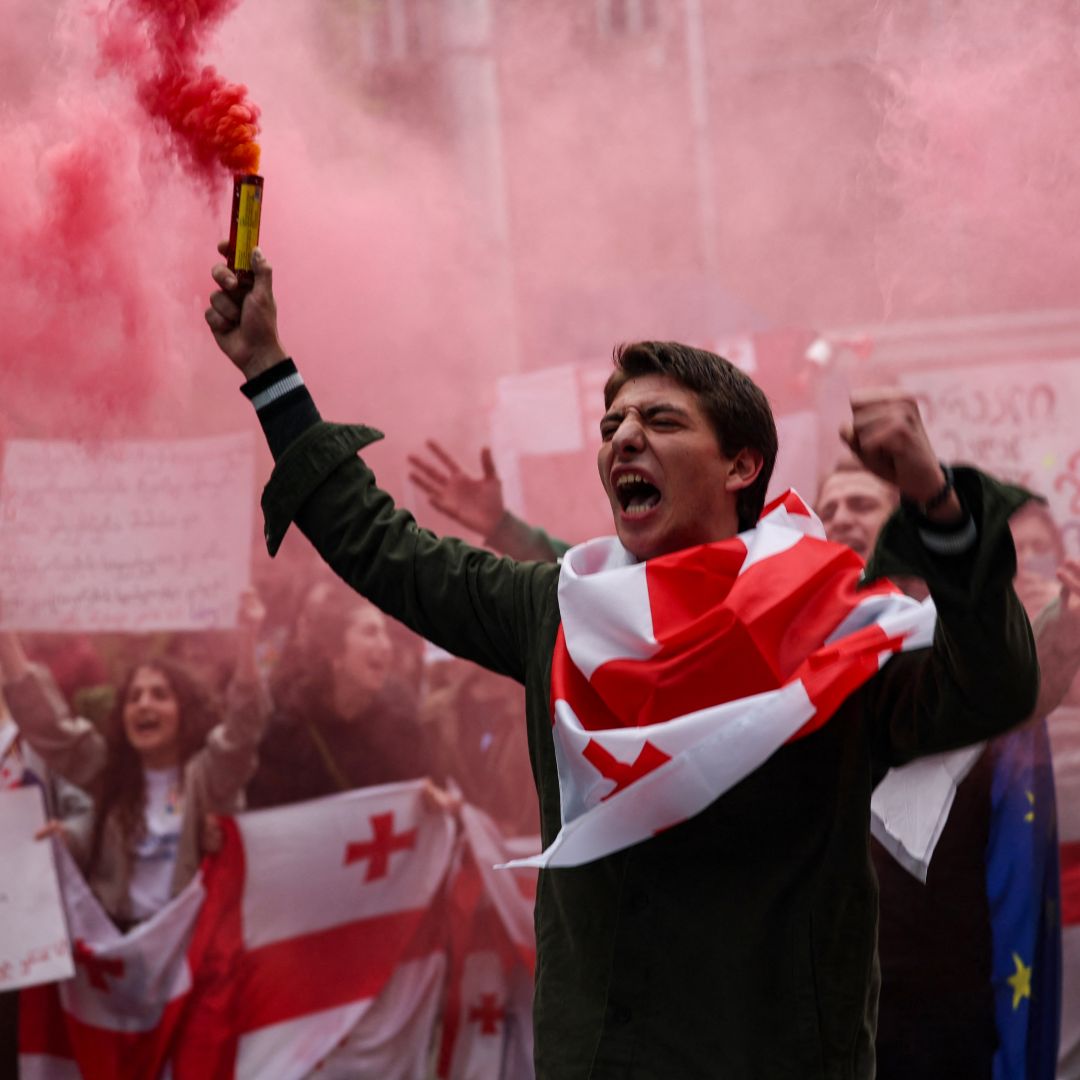 Georgian students protest the government's controversial ''foreign agents'' bill in Tbilisi on May 13, 2024. 