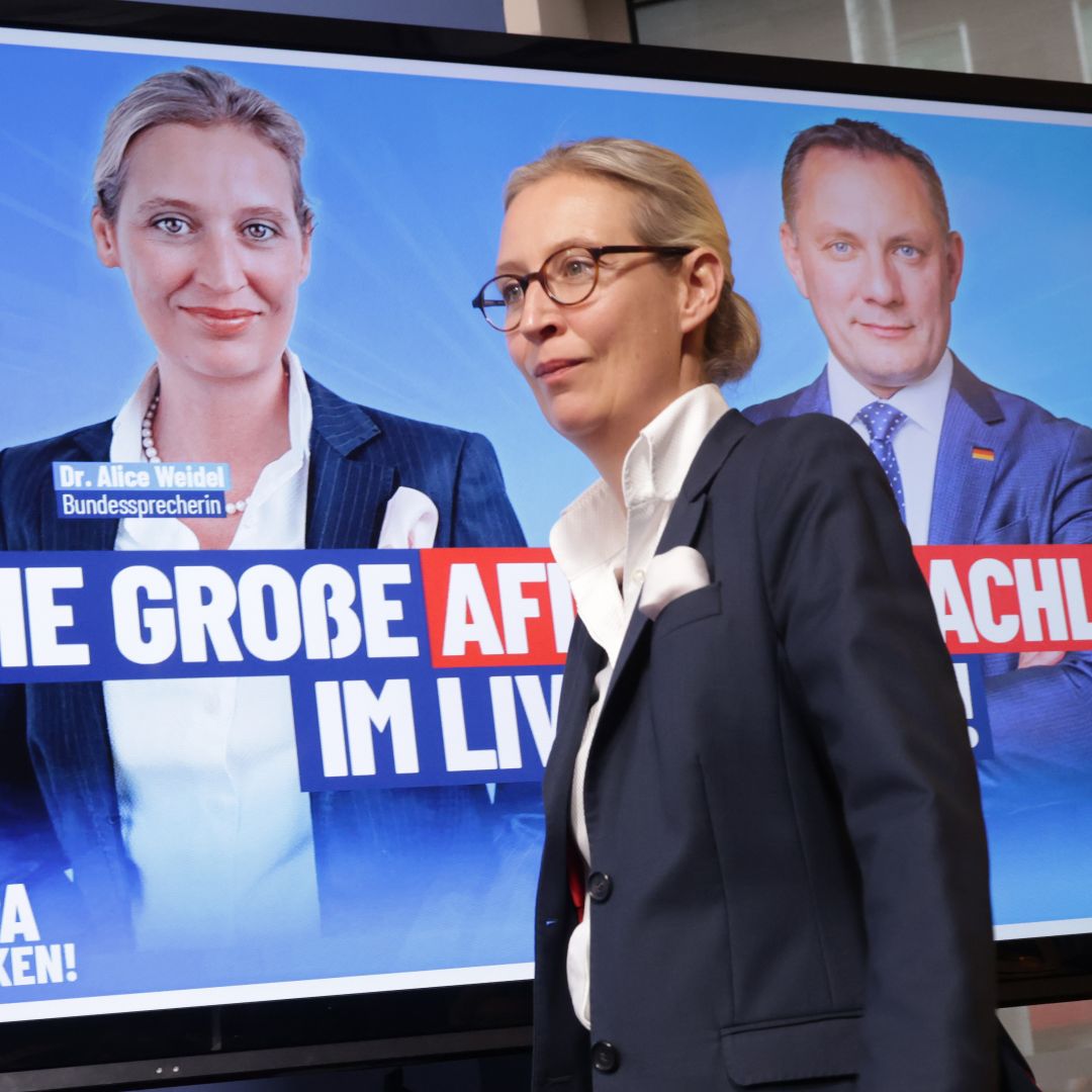 Alice Weidel, co-leader of the far-right Alternative for Germany (AfD) political party, arrives to speak to the media in Berlin on June 10, 2024, the day after the elections for the European Parliament were held in Germany.
