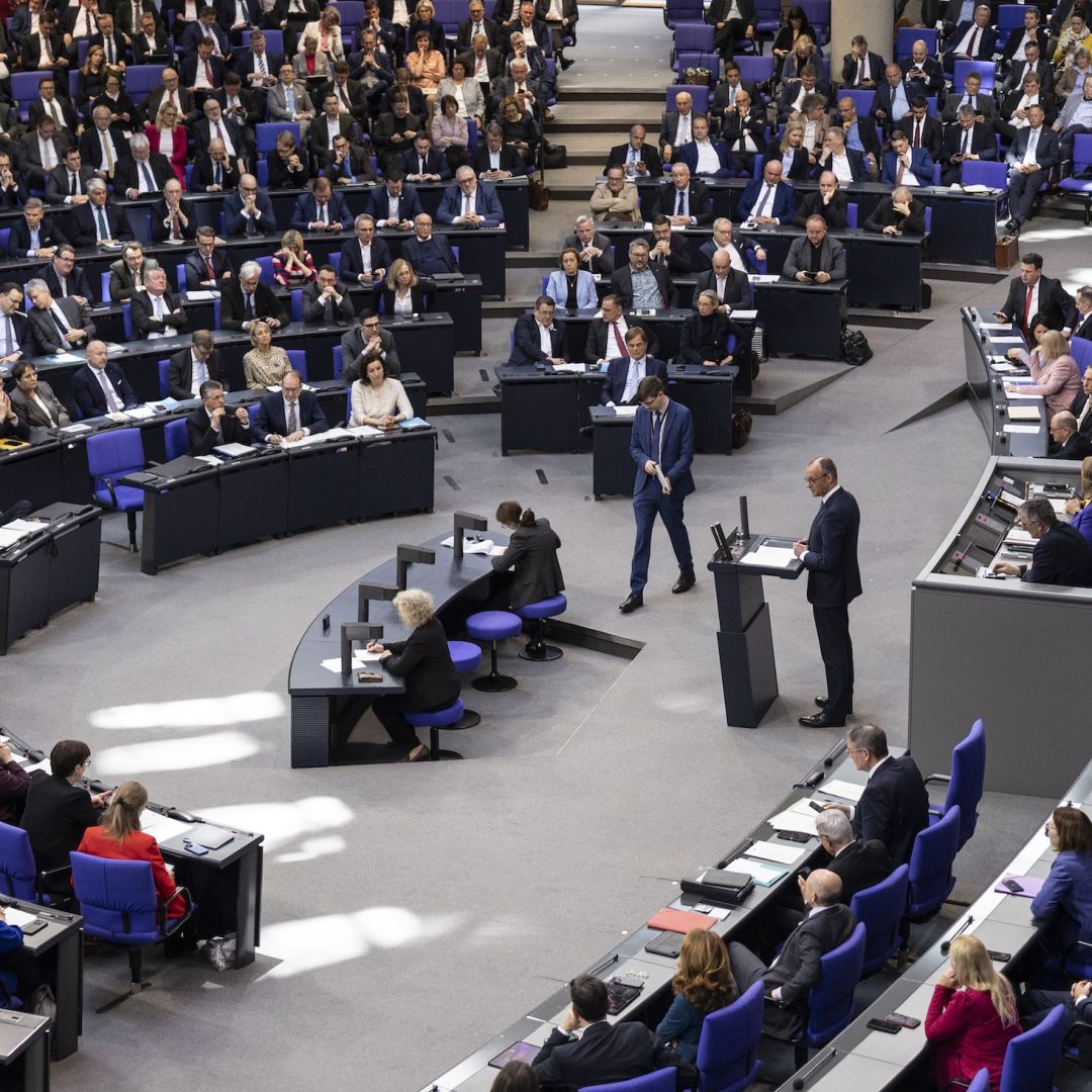 Incoming German Chancellor Friedrich Merz addresses the Bundestag on March 18, 2025, before a vote on changes to the country's constitutional debt limits.