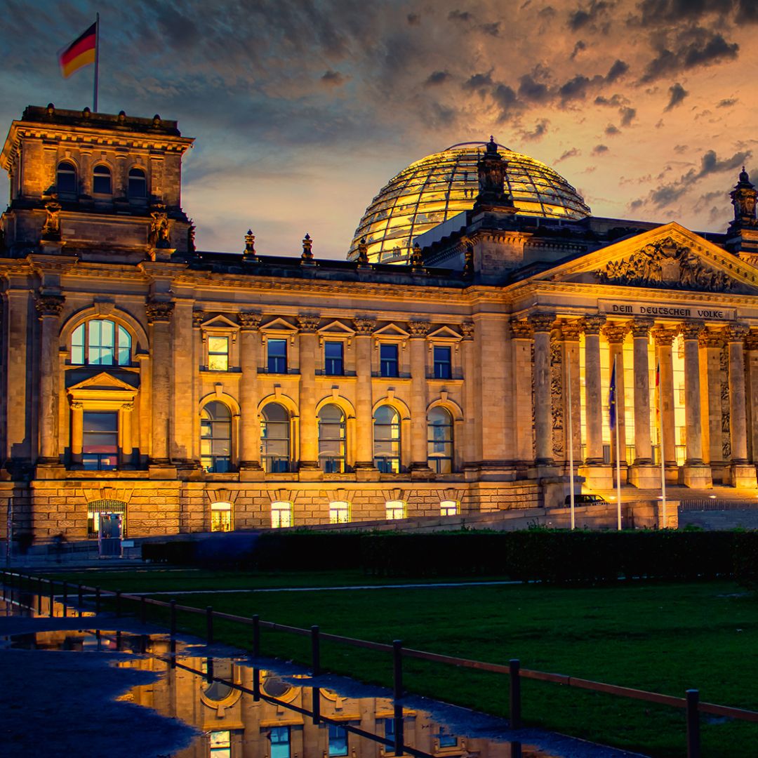 The Bundestag, Germany's federal parliament, is seen at night.