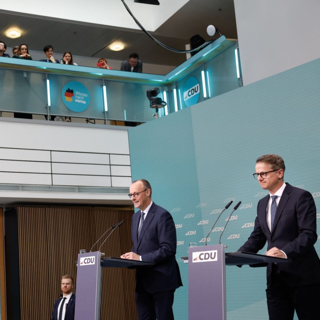 CDU leader Friedrich Merz (left) and the party's secretary general, Carsten Linnemann, hold a post-election press conference in Berlin, Germany, on Feb. 24, 2025. 