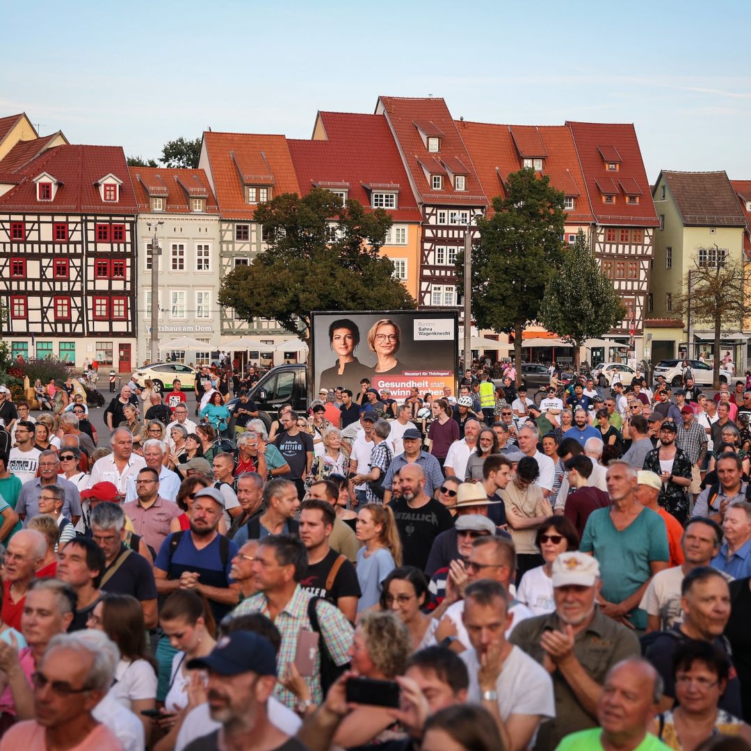 Supporters attend a campaign event for the left-wing Sahra Wagenknecht Alliance (BSW) in Erfurt, eastern Germany, on Aug. 29, 2024, ahead of upcoming regional elections.