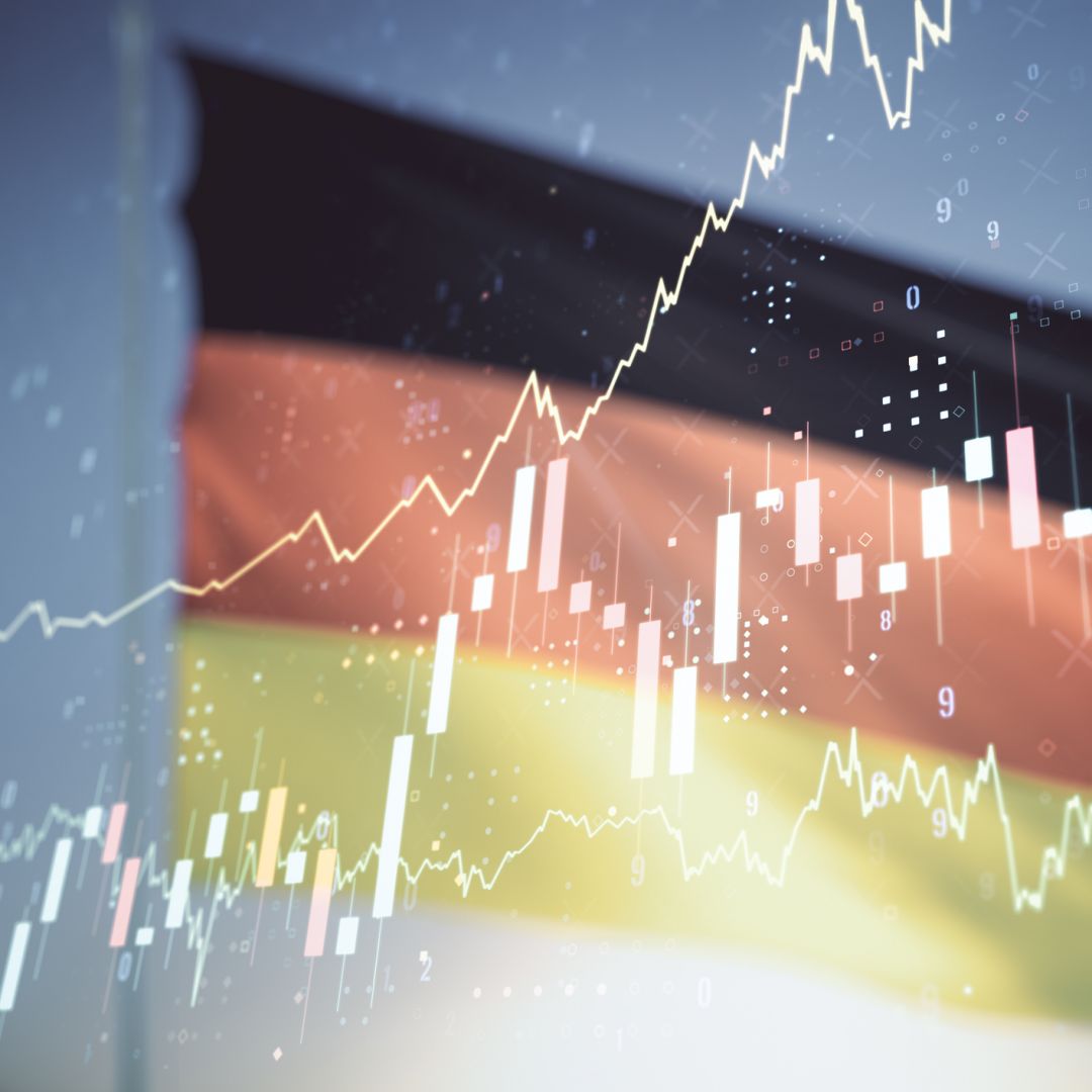 Double exposure of abstract creative financial chart hologram on German flag and blue sky background.