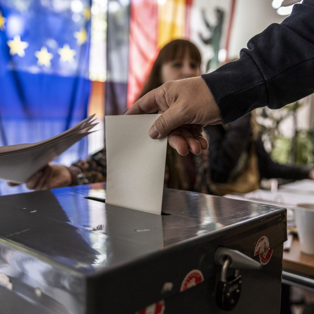 A voter casts their ballot in European parliamentary elections on June 9, 2024, in Berlin, Germany.