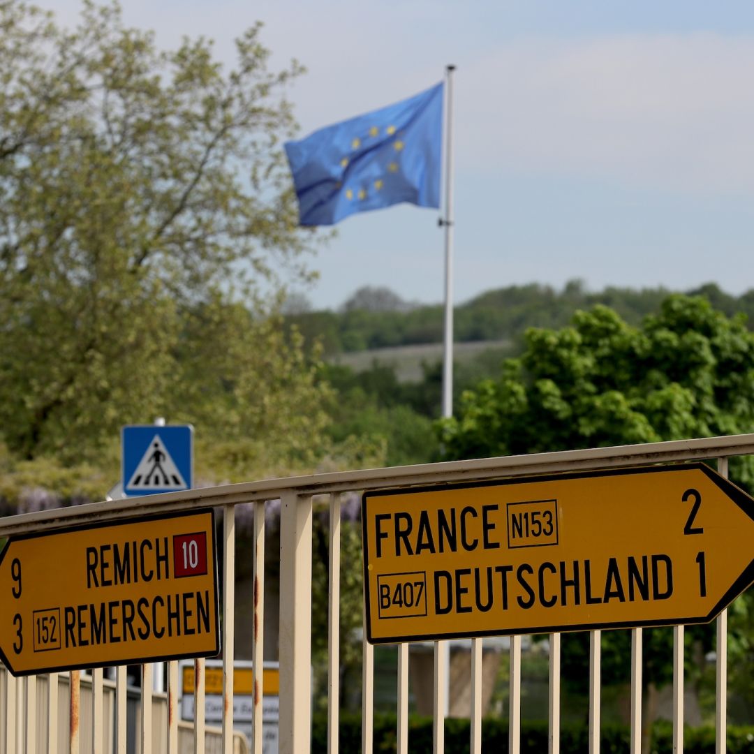 Direction signs point to Germany and France in the town of Schengen where the 1985 European Schengen Agreement was signed on May 11, 2016 in Schengen, Luxembourg. 