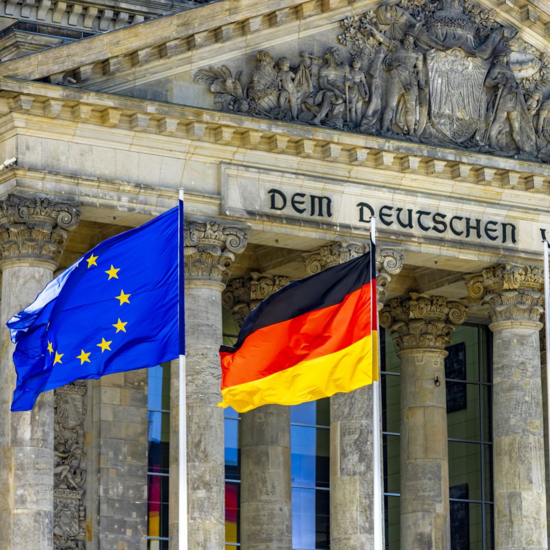 Reichstag in Berlin with flags.