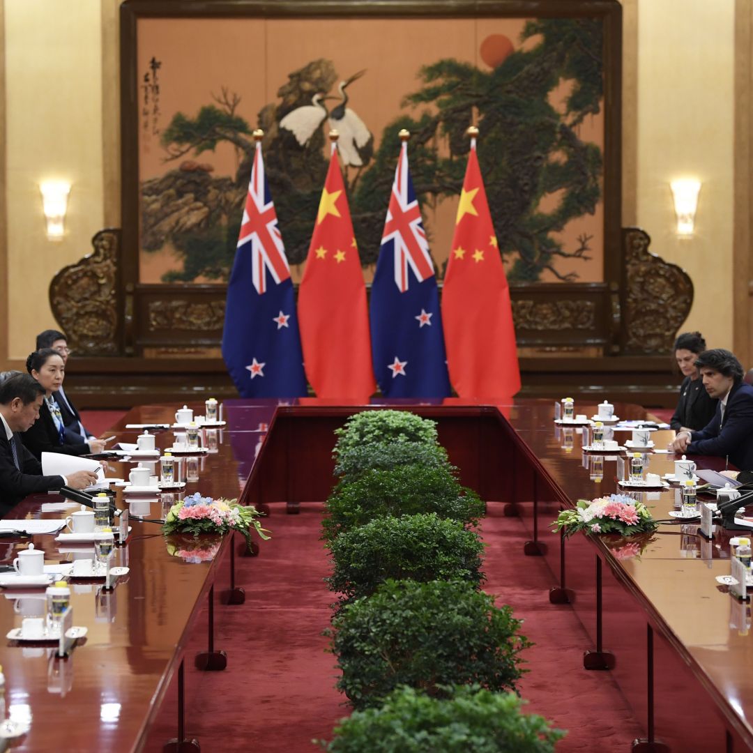 New Zealand Prime Minister Jacinda Ardern (right) holds a meeting with Chinese Premier Li Keqiang in Beijing, China, on April 1, 2019.