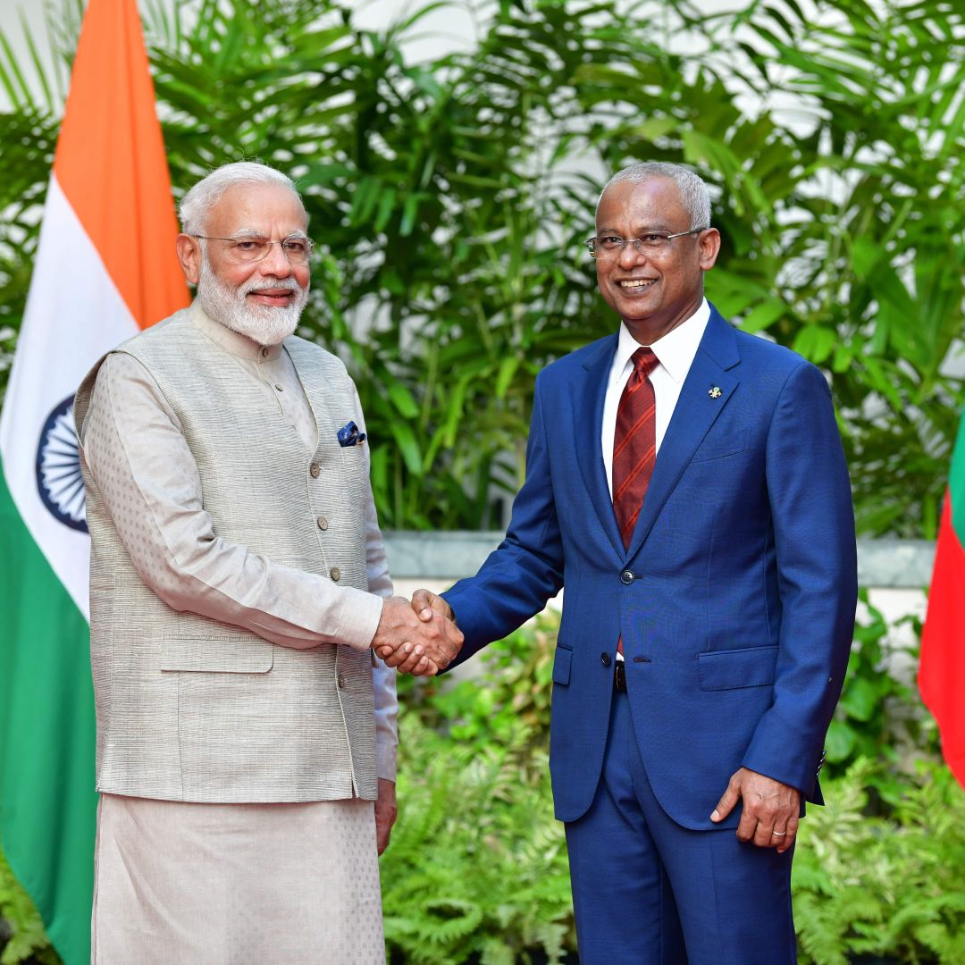 Indian Prime Minister Narendra Modi (left) shakes hands with Maldivian President Ibrahim Mohamed Solih in Male during a visit to the island nation on June 8, 2019.