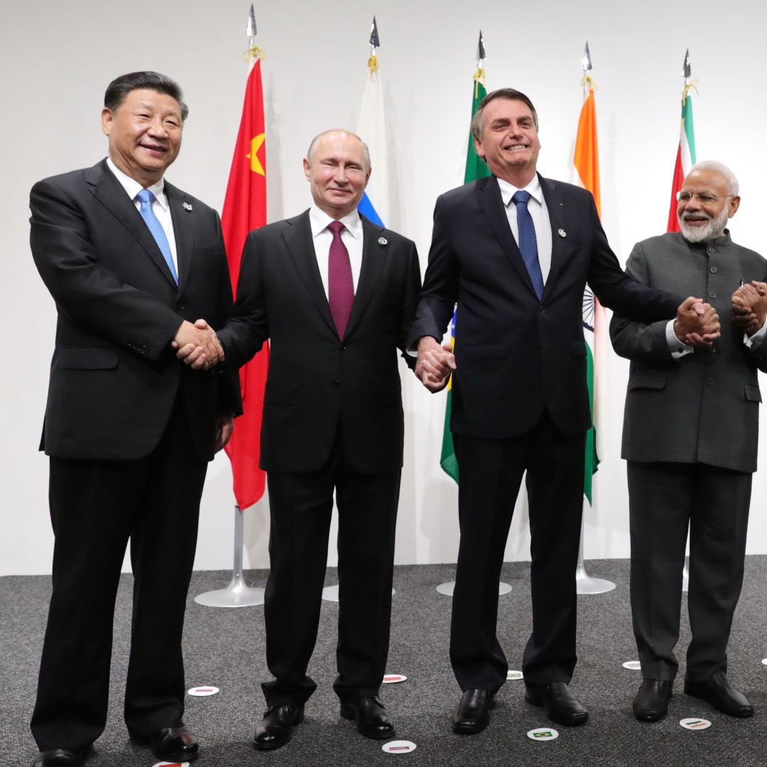 (From left) Chinese President Xi Jinping, Russian President Vladimir Putin, then-Brazilian President Jair Bolsonaro, Indian Prime Minister Narendra Modi and South African President Cyril Ramaphosa pose for a photo during the G-20 summit in Osaka, Japan, on June 28, 2019. (From left) Chinese President Xi Jinping, Russian President Vladimir Putin, then-Brazilian President Jair Bolsonaro, Indian Prime Minister Narendra Modi and South African President Cyril Ramaphosa pose for a photo during the G-20 summit in Osaka, Japan, on June 28, 2019.