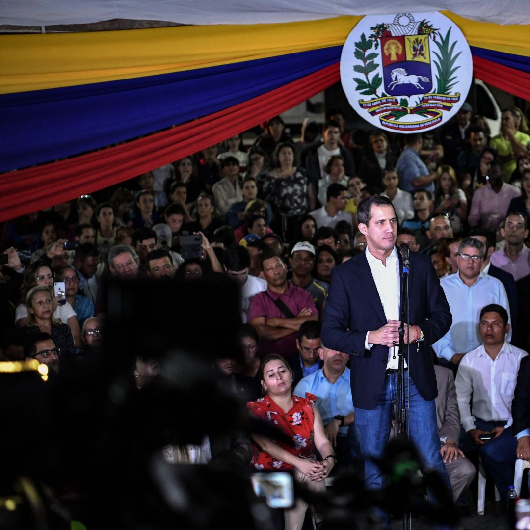 Opposition leader Juan Guaido speaks at an event in Caracas, Venezuela, on Feb. 11, 2020. 