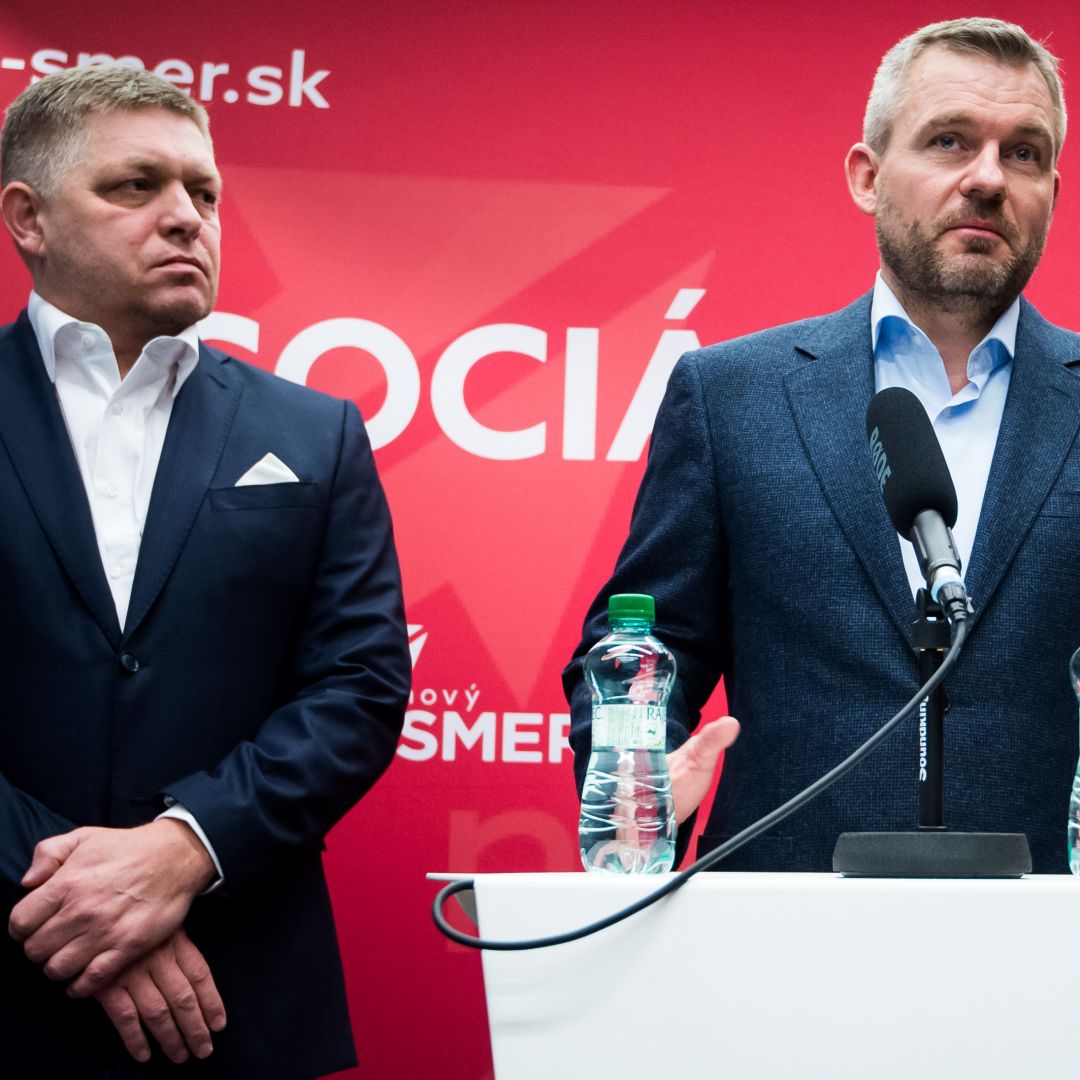 Robert Fico (left), Slovakia's former prime minister and leader of the populist Smer party, and then-Prime Minister Peter Pellegrini attend a press conference in Bratislava, Slovakia, on March 1, 2020.