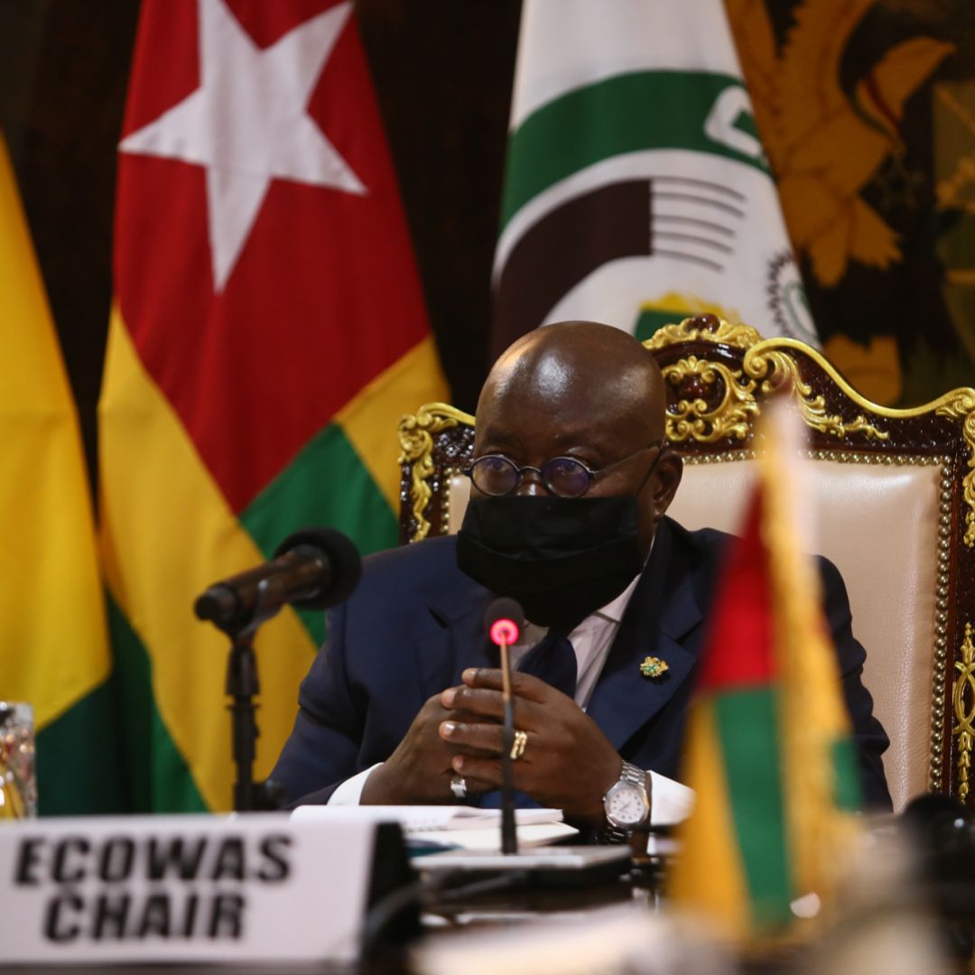 Ghana President Nana Akufo-Addo is seen at an Economic Community of West African States (ECOWAS) meeting in Accra, Ghana, on Sept. 15, 2020. 