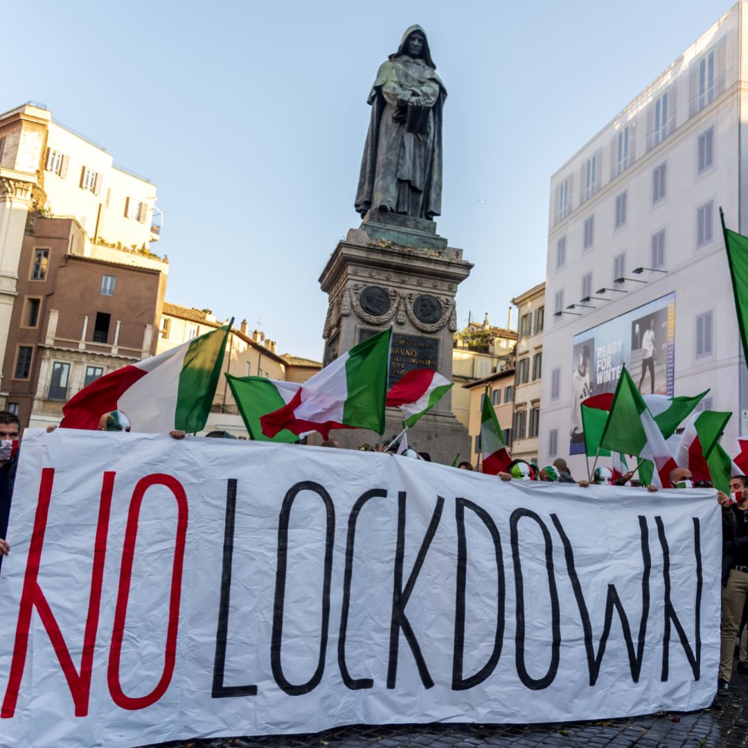 People protest against the reintroduction of COVID-19 lockdown measures in Rome, Italy, on Oct. 31, 2020. 