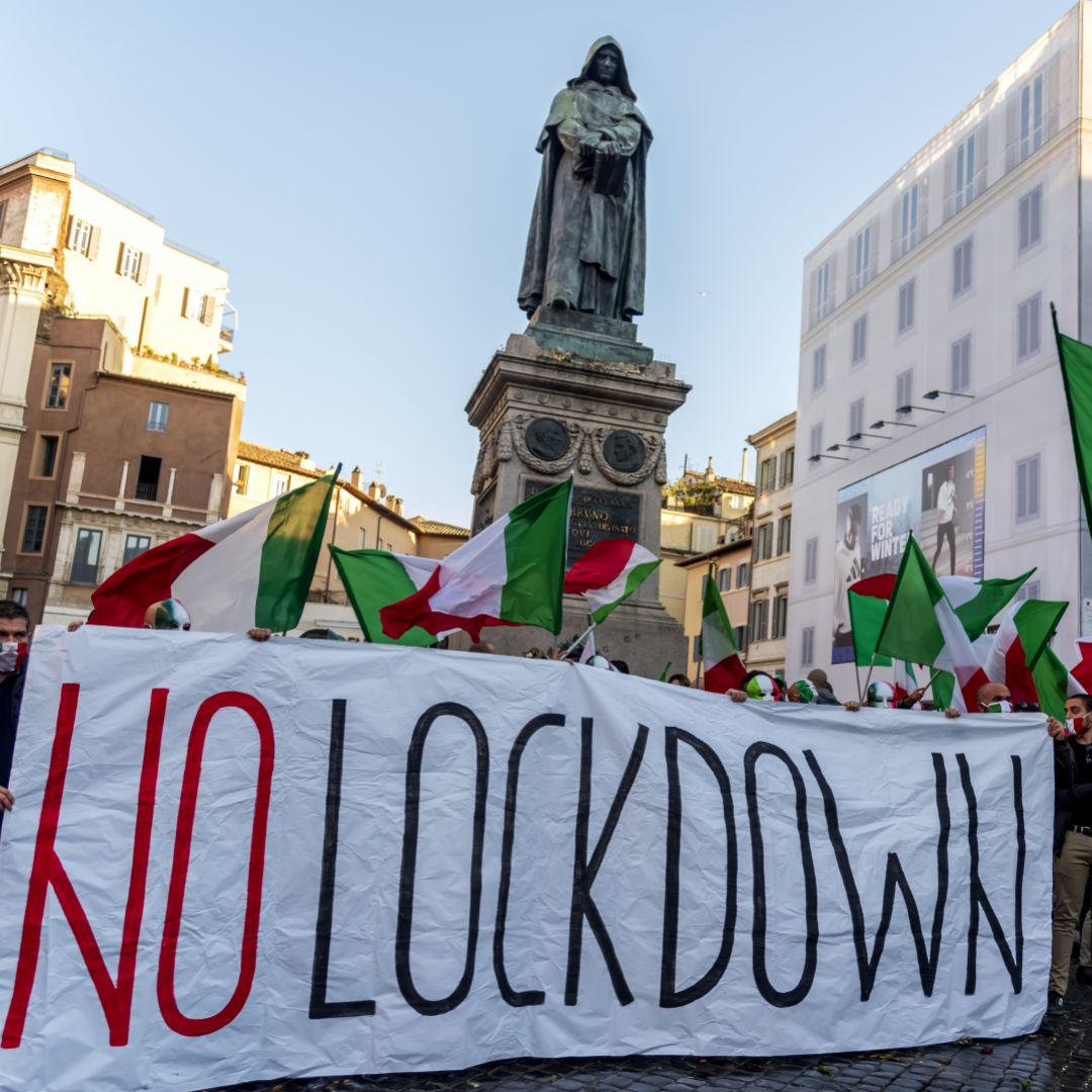 People protest against the reintroduction of COVID-19 lockdown measures in Rome, Italy, on Oct. 31, 2020. People protest against the reintroduction of COVID-19 lockdown measures in Rome, Italy, on Oct. 31, 2020.