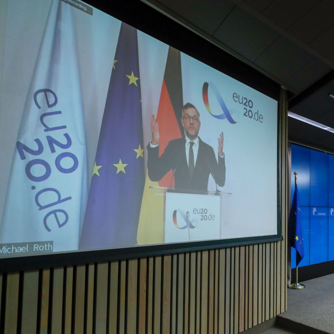 German Minister of State for European Affairs Michael Roth speaks on the screen during a virtual EU press conference in Brussels, Belgium, on Nov. 17, 2020. 