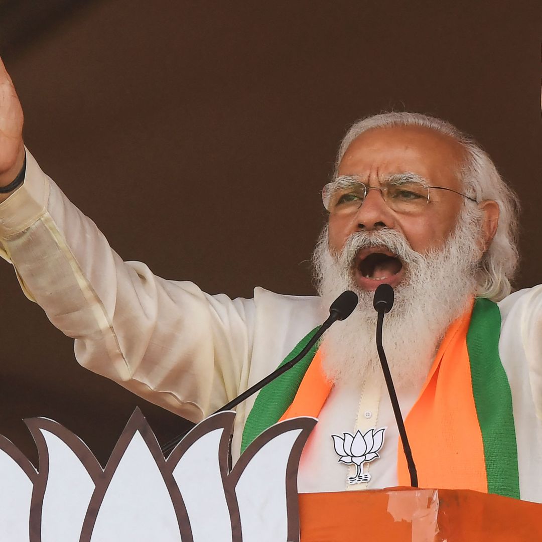 Indian Prime Minister Narendra Modi speaks at a campaign rally for his Bharatiya Janata Party in Kolkata, West Bengal, on March 7, 2021. 
