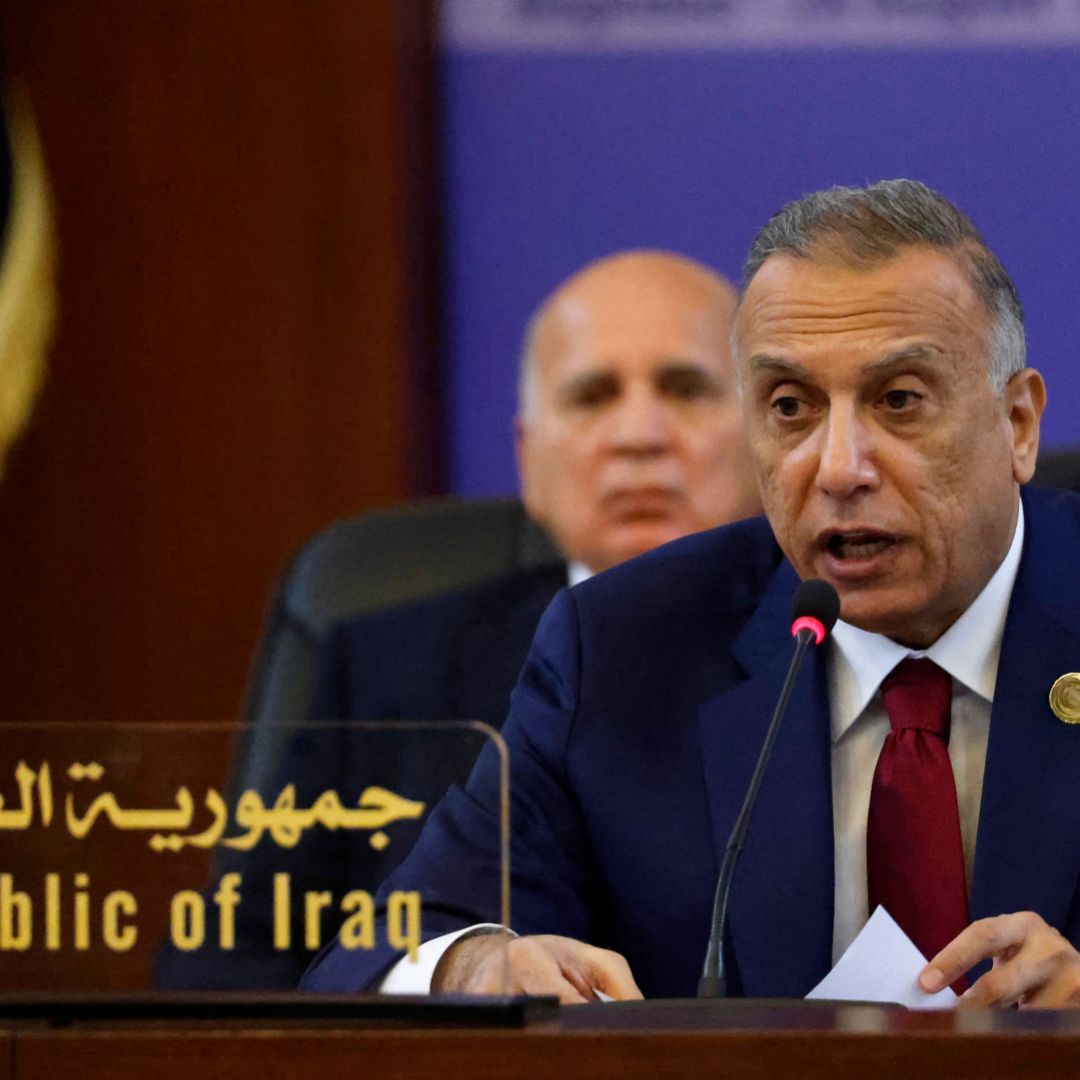 Iraqi Prime Minister Mustafa al-Kadhimi speaks during a conference in Baghdad on Aug. 28, 2021. 