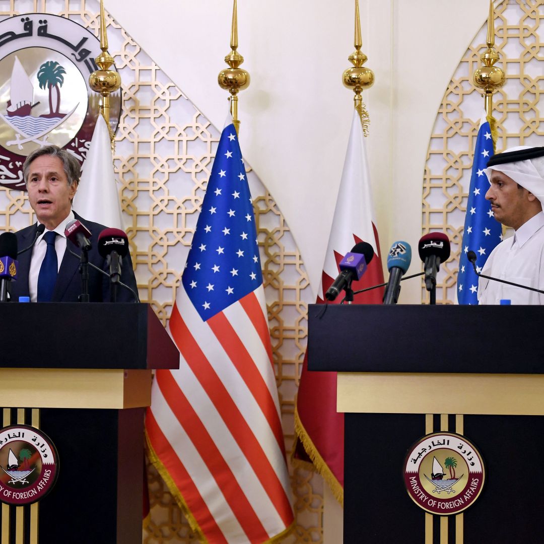 U.S. Secretary of State Antony Blinken (left) and Qatari Foreign Minister Mohammad bin Abdulrahman Al Thani hold a joint press conference on the Afghanistan crisis in the Qatari capital of Doha on Sept. 7, 2021. U.S. Secretary of State Antony Blinken (left) and Qatari Foreign Minister Mohammad bin Abdulrahman Al Thani hold a joint press conference on the Afghanistan crisis in the Qatari capital of Doha on Sept. 7, 2021.