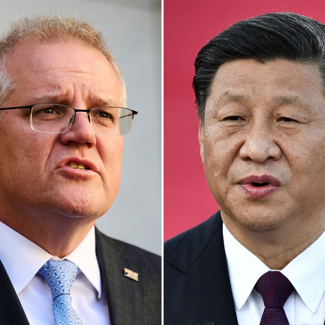 A combination of file photos shows Australian Prime Minister Scott Morrison (left) and Chinese President Xi Jinping (right). 