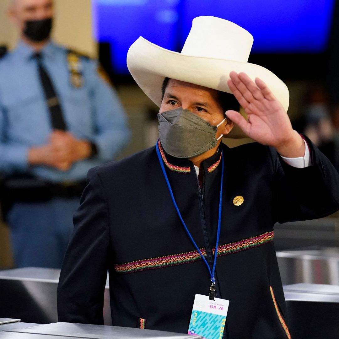 Peruvian President Pedro Castillo arrives at the 76th session of the U.N. General Assembly on Sept. 21, 2021, in New York. Peruvian President Pedro Castillo arrives at the 76th session of the U.N. General Assembly on Sept. 21, 2021, in New York.