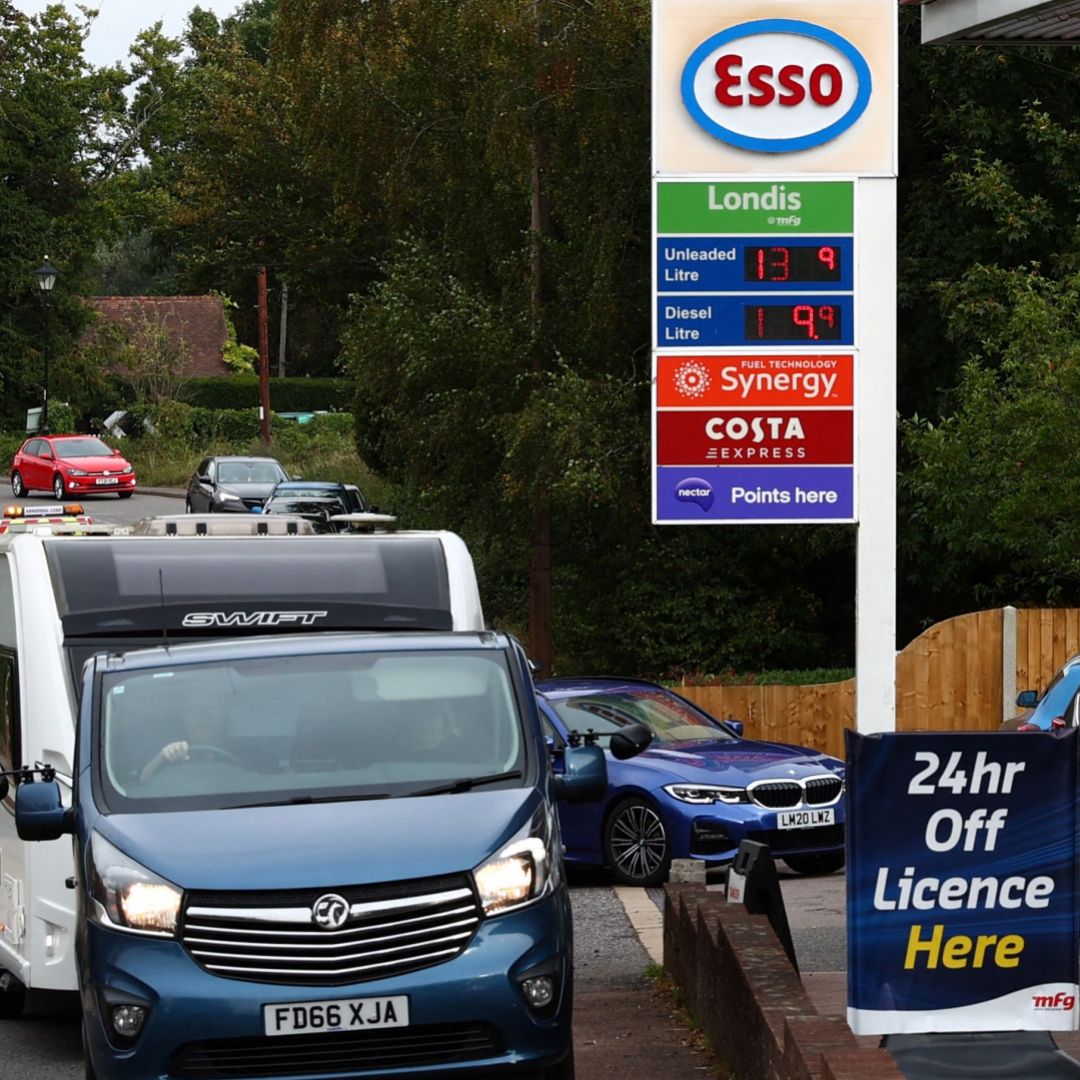 Cars line up at a gas station in the U.K. village of Odiham amid fuel shortages on Sept. 30, 2021. Cars line up at a gas station in the U.K. village of Odiham amid fuel shortages on Sept. 30, 2021.