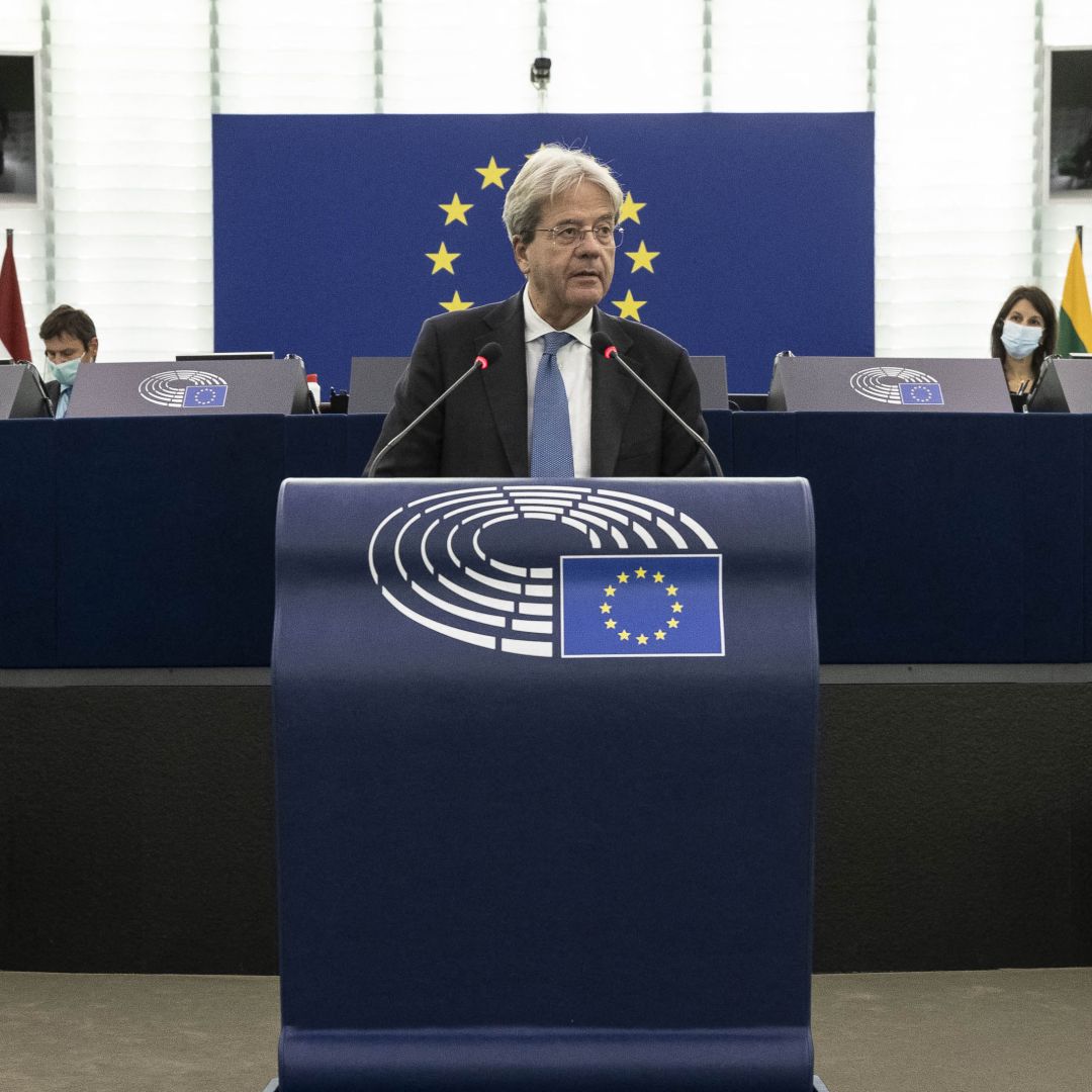 EU Economy Commissioner Paolo Gentiloni addresses the European Parliament in Strasbourg, France, on Oct. 6, 2021. 