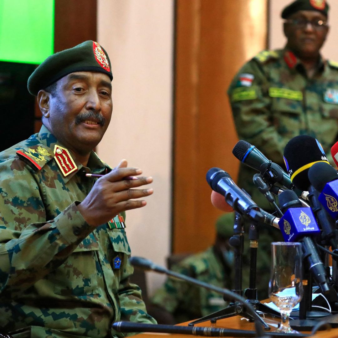 Sudan's military chief, General Abdel-Fattah Burhan, speaks during a press conference in Khartoum on Oct. 26, 2021. Sudan's military chief, General Abdel-Fattah Burhan, speaks during a press conference in Khartoum on Oct. 26, 2021.