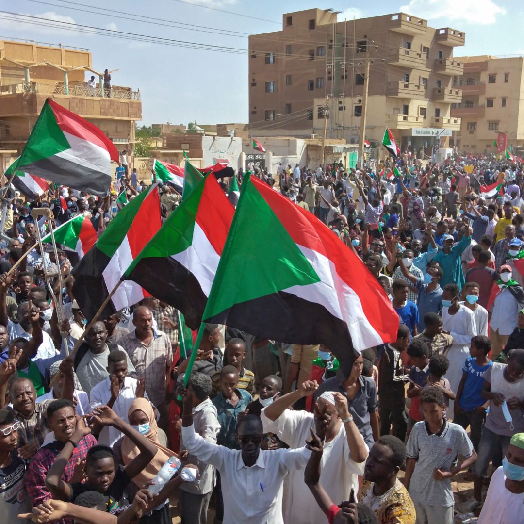 Sudanese anti-coup protesters gather in the streets of Omdurman on Oct. 30, 2021. Sudanese anti-coup protesters gather in the streets of Omdurman on Oct. 30, 2021.