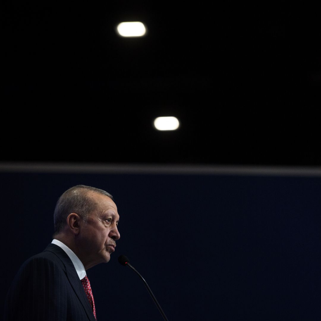  Turkish President Recep Tayyip Erdogan attends a press conference at the end of the Group of 20 (G-20) summit in Rome, Italy, on Oct. 31, 2021. 