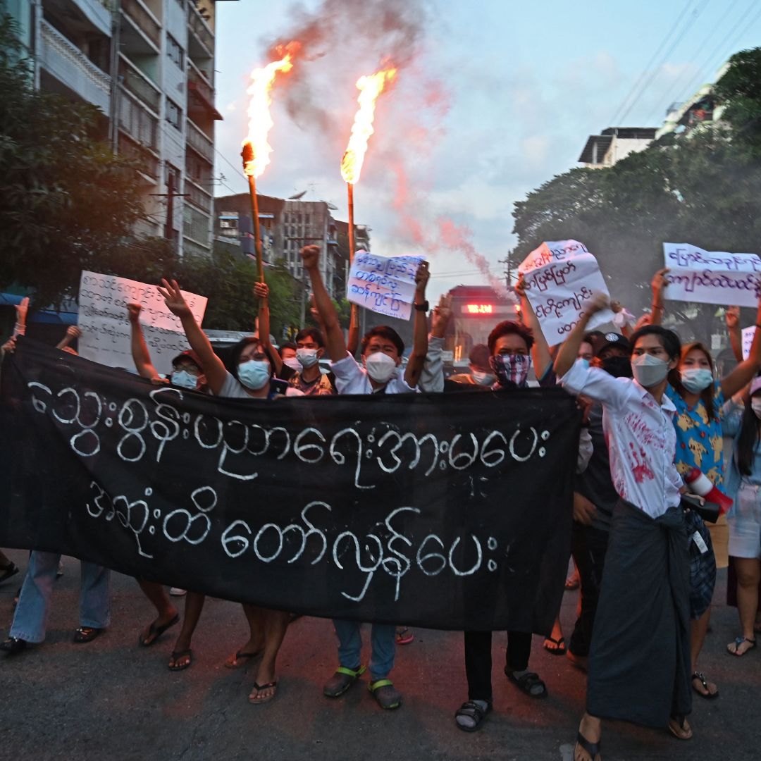 Protesters take part in a demonstration against the military coup in Yangon, Myanmar, on Nov. 10, 2021. Protesters take part in a demonstration against the military coup in Yangon, Myanmar, on Nov. 10, 2021.