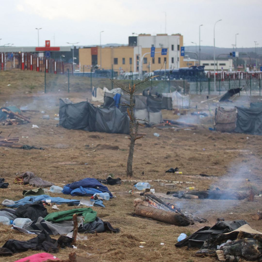 A deserted migrant camp is seen on the Belarus-Poland border in the Grodno region on Nov. 18, 2021. 