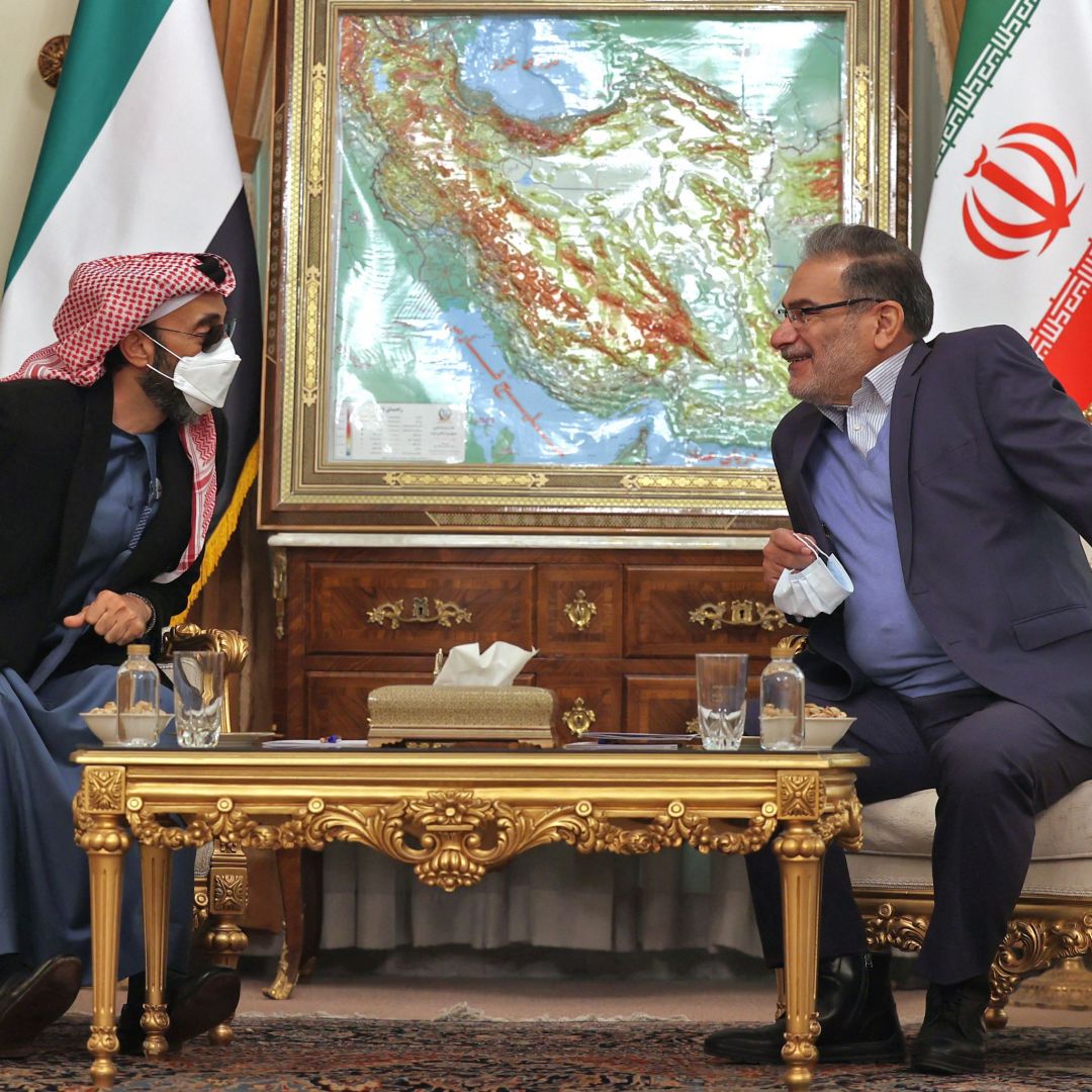 Secretary of Iran’s Supreme National Security Council Ali Shamkhani (right) meets with the United Arab Emirates’ security adviser Sheikh Tahnoon bin Zayed Al Nahyan in Tehran on Dec. 6, 2021. 