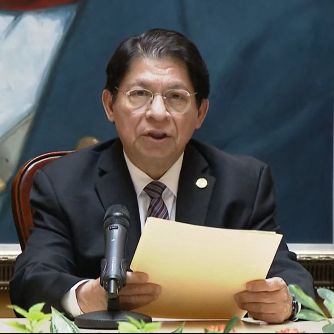 A video grab shows Nicaraguan Foreign Minister Denis Moncada announcing the country’s diplomatic split from Taiwan on Dec. 9, 2021. 