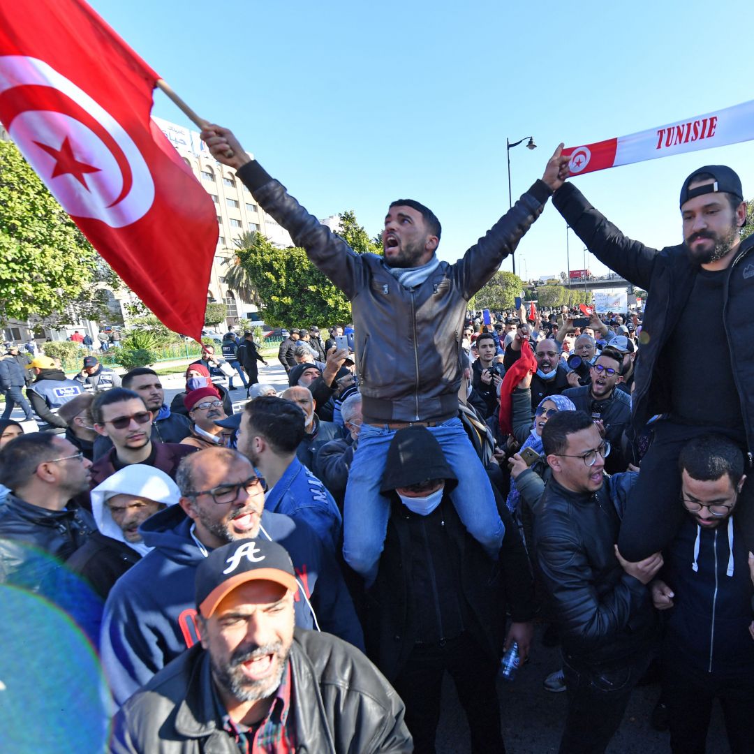 Protesters demonstrate against Tunisian President Kais Saied in the country’s capital of Tunis on Dec. 17, 2021 -- the 11th anniversary of the start of the 2011 revolution. Protesters demonstrate against Tunisian President Kais Saied in the country’s capital of Tunis on Dec. 17, 2021 -- the 11th anniversary of the start of the 2011 revolution.