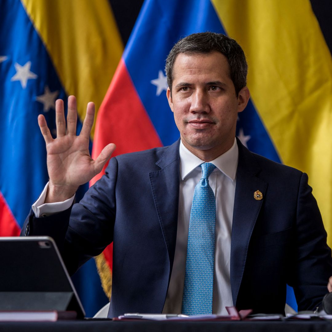 Venezuelan opposition leader Juan Guaido gestures during the installation of the National Parliament for the legislative period 2022-2023 in Caracas, Venezuela, on Jan. 5, 2022. 