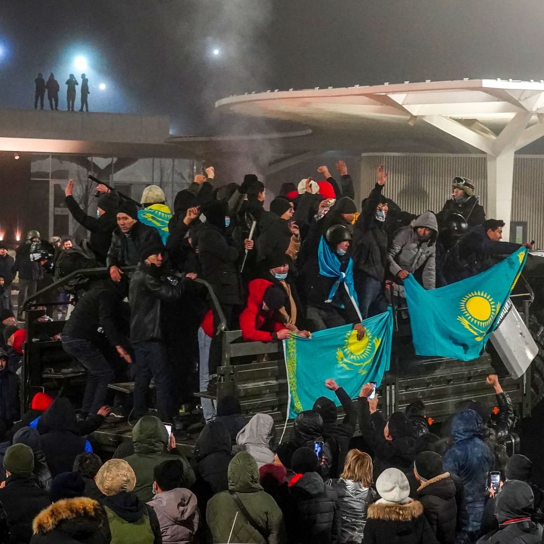 Protesters rally against a hike in fuel prices in Almaty, Kazakhstan, on Jan. 5, 2022. 