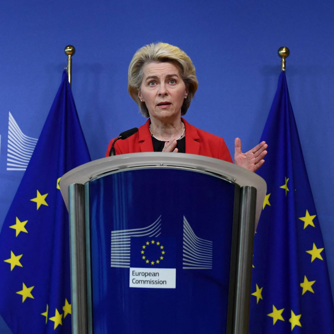 European Commission President Ursula von der Leyen gives a statement on Ukraine at the EU headquarters in Brussels, Belgium, on Jan. 24, 2022. 